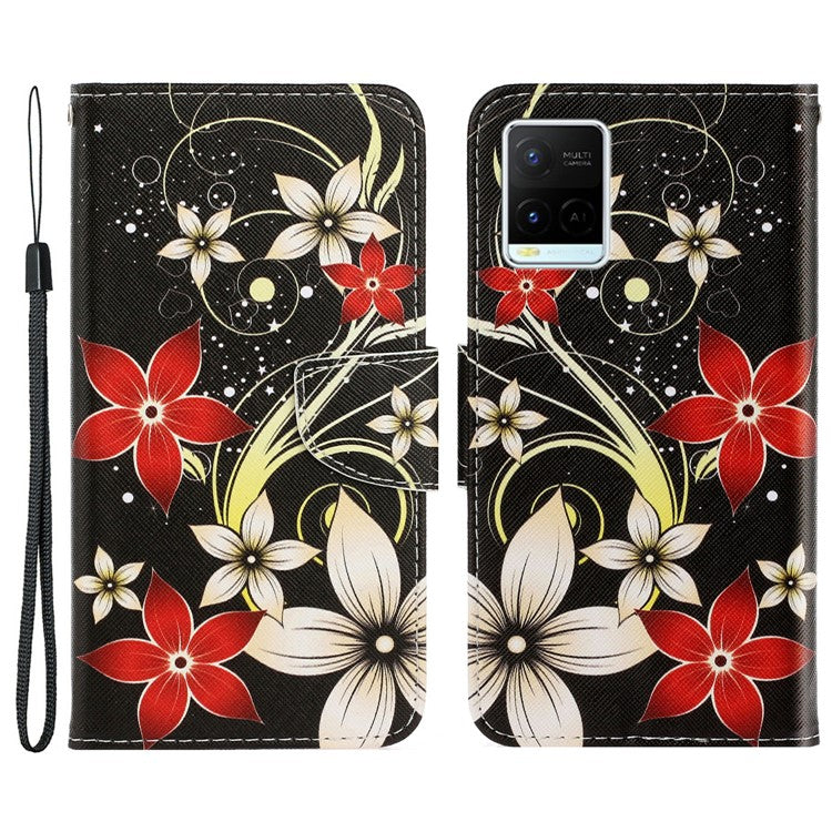 Anti-scratch Drop-proof Pattern Printing Case PU Leather Flip Wallet Cross Texture Stand Cover for vivo Y21/Y21s/Y33s - Red Flower