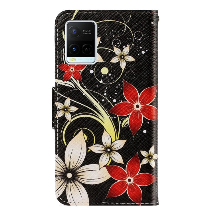 Anti-scratch Drop-proof Pattern Printing Case PU Leather Flip Wallet Cross Texture Stand Cover for vivo Y21/Y21s/Y33s - Red Flower