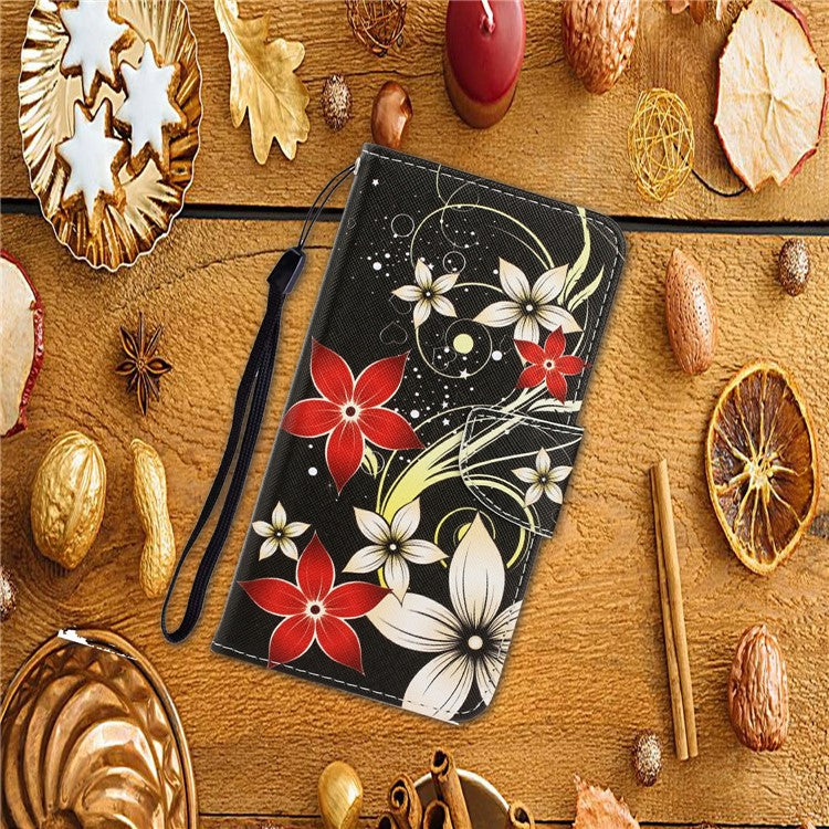 Anti-scratch Drop-proof Pattern Printing Case PU Leather Flip Wallet Cross Texture Stand Cover for vivo Y21/Y21s/Y33s - Red Flower