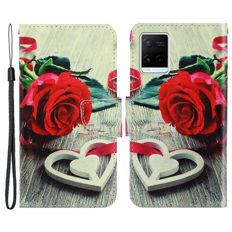 Anti-scratch Drop-proof Pattern Printing Case PU Leather Flip Wallet Cross Texture Stand Cover for vivo Y21/Y21s/Y33s - Red Rose