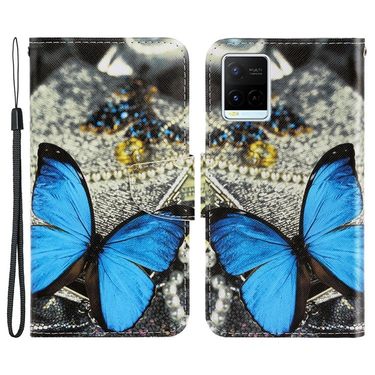 Anti-scratch Drop-proof Pattern Printing Case PU Leather Flip Wallet Cross Texture Stand Cover for vivo Y21/Y21s/Y33s - Blue Butterfly