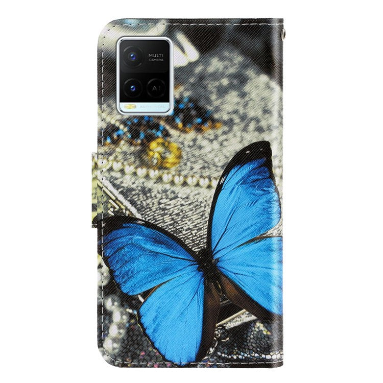 Anti-scratch Drop-proof Pattern Printing Case PU Leather Flip Wallet Cross Texture Stand Cover for vivo Y21/Y21s/Y33s - Blue Butterfly