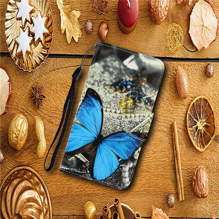 Anti-scratch Drop-proof Pattern Printing Case PU Leather Flip Wallet Cross Texture Stand Cover for vivo Y21/Y21s/Y33s - Blue Butterfly