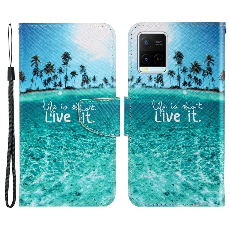 Anti-scratch Drop-proof Pattern Printing Case PU Leather Flip Wallet Cross Texture Stand Cover for vivo Y21/Y21s/Y33s - Seaside Time