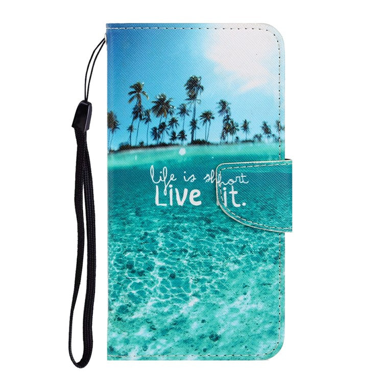 Anti-scratch Drop-proof Pattern Printing Case PU Leather Flip Wallet Cross Texture Stand Cover for vivo Y21/Y21s/Y33s - Seaside Time