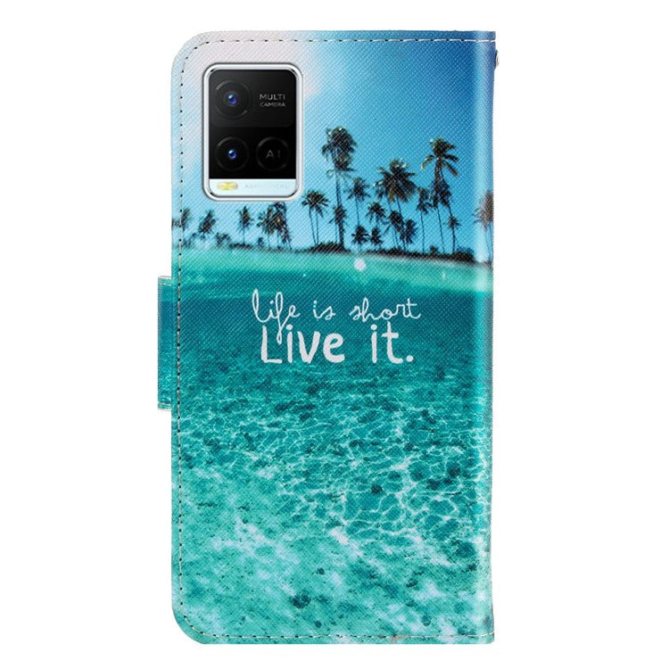 Anti-scratch Drop-proof Pattern Printing Case PU Leather Flip Wallet Cross Texture Stand Cover for vivo Y21/Y21s/Y33s - Seaside Time