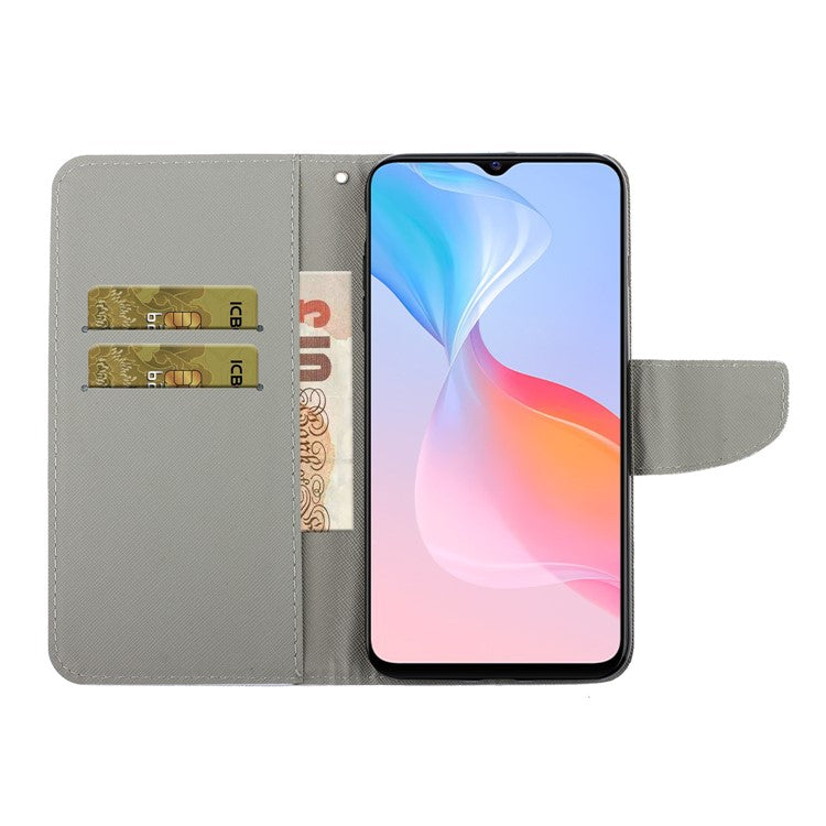 Anti-scratch Drop-proof Pattern Printing Case PU Leather Flip Wallet Cross Texture Stand Cover for vivo Y21/Y21s/Y33s - Seaside Time