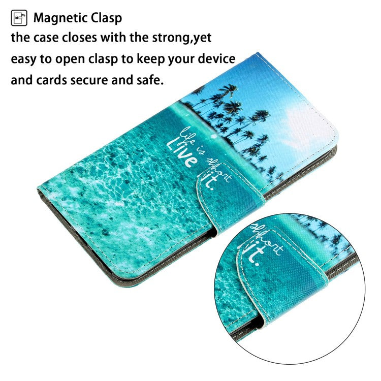 Anti-scratch Drop-proof Pattern Printing Case PU Leather Flip Wallet Cross Texture Stand Cover for vivo Y21/Y21s/Y33s - Seaside Time