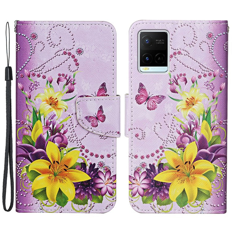 Cross Texture Cover PU Leather Stand Pattern Printing Wallet Case with Handy Strap for vivo Y21 / Y21s / Y33s - Yellow Flowers / Butterfly