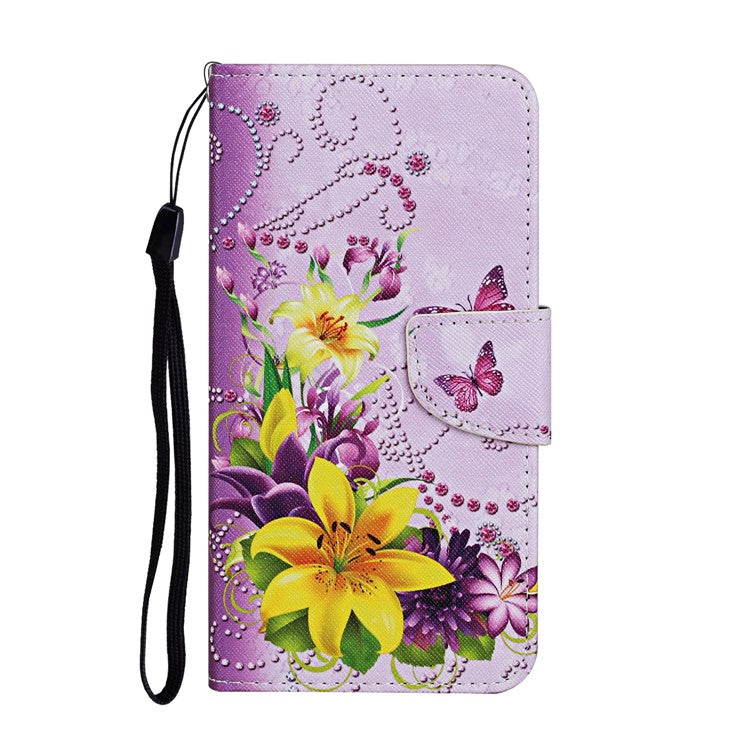 Cross Texture Cover PU Leather Stand Pattern Printing Wallet Case with Handy Strap for vivo Y21 / Y21s / Y33s - Yellow Flowers / Butterfly