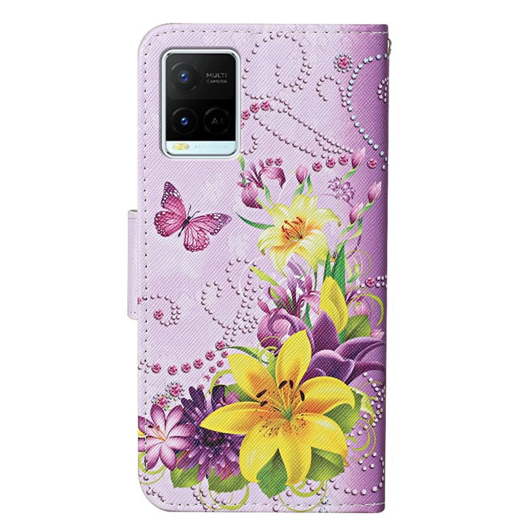 Cross Texture Cover PU Leather Stand Pattern Printing Wallet Case with Handy Strap for vivo Y21 / Y21s / Y33s - Yellow Flowers / Butterfly