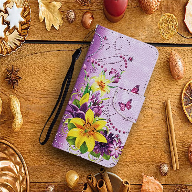 Cross Texture Cover PU Leather Stand Pattern Printing Wallet Case with Handy Strap for vivo Y21 / Y21s / Y33s - Yellow Flowers / Butterfly