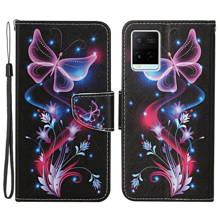 Cross Texture Cover PU Leather Stand Pattern Printing Wallet Case with Handy Strap for vivo Y21 / Y21s / Y33s - Fluorescent Butterflies