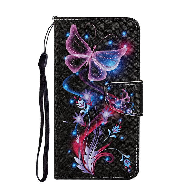 Cross Texture Cover PU Leather Stand Pattern Printing Wallet Case with Handy Strap for vivo Y21 / Y21s / Y33s - Fluorescent Butterflies