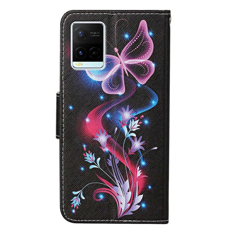 Cross Texture Cover PU Leather Stand Pattern Printing Wallet Case with Handy Strap for vivo Y21 / Y21s / Y33s - Fluorescent Butterflies