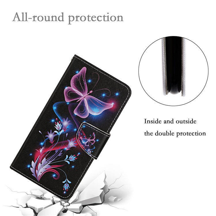 Cross Texture Cover PU Leather Stand Pattern Printing Wallet Case with Handy Strap for vivo Y21 / Y21s / Y33s - Fluorescent Butterflies