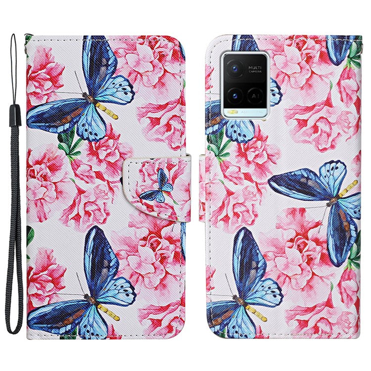 Cross Texture Cover PU Leather Stand Pattern Printing Wallet Case with Handy Strap for vivo Y21 / Y21s / Y33s - Butterflies and Flowers