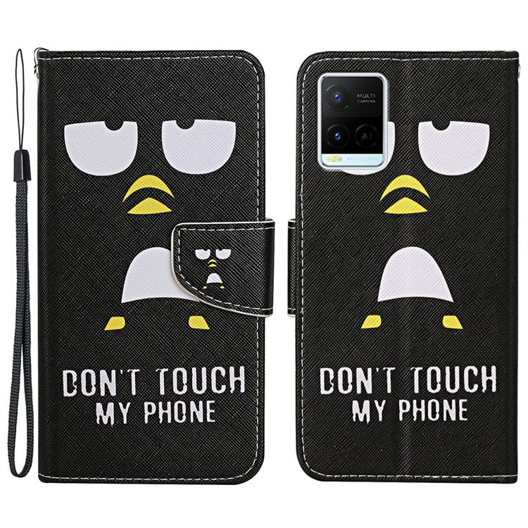 Cross Texture Cover PU Leather Stand Pattern Printing Wallet Case with Handy Strap for vivo Y21 / Y21s / Y33s - Don't Touch My Phone