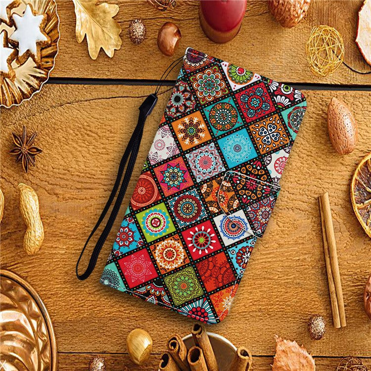 Cross Texture Cover PU Leather Stand Pattern Printing Wallet Case with Handy Strap for vivo Y21 / Y21s / Y33s - Ethnic Style