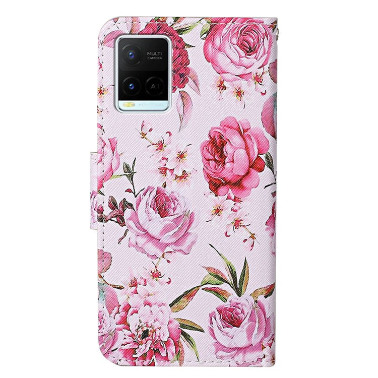 Cross Texture Cover PU Leather Stand Pattern Printing Wallet Case with Handy Strap for vivo Y21 / Y21s / Y33s - Peony Flowers