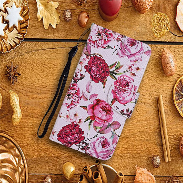 Cross Texture Cover PU Leather Stand Pattern Printing Wallet Case with Handy Strap for vivo Y21 / Y21s / Y33s - Peony Flowers