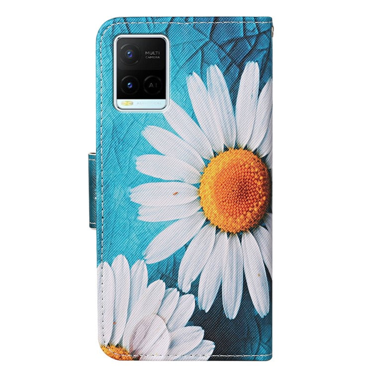 Cross Texture Cover PU Leather Stand Pattern Printing Wallet Case with Handy Strap for vivo Y21 / Y21s / Y33s - Daisies