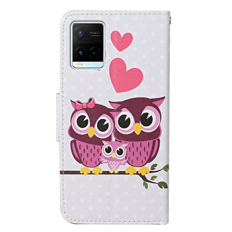 Cross Texture Cover PU Leather Stand Pattern Printing Wallet Case with Handy Strap for vivo Y21 / Y21s / Y33s - Owl Family