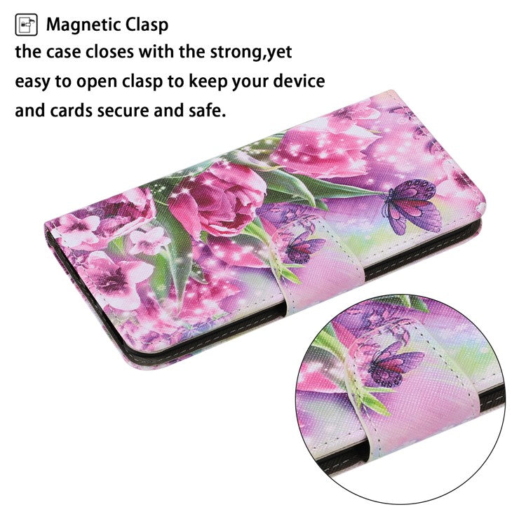 Magnetic Clasp Stylish Pattern Printing Cross Texture Anti-fall Leather Wallet Cover Stand Case with Strap for vivo Y21/Y21s/Y33s - Rose and Butterfly