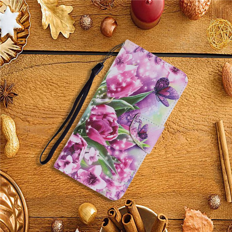 Magnetic Clasp Stylish Pattern Printing Cross Texture Anti-fall Leather Wallet Cover Stand Case with Strap for vivo Y21/Y21s/Y33s - Rose and Butterfly