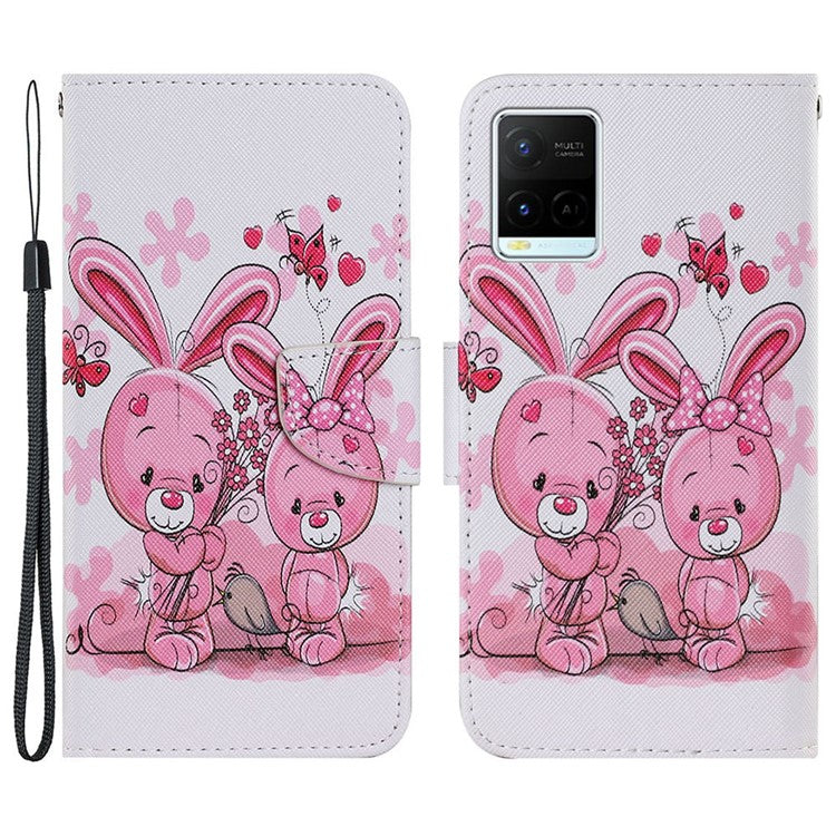 Magnetic Clasp Stylish Pattern Printing Cross Texture Anti-fall Leather Wallet Cover Stand Case with Strap for vivo Y21/Y21s/Y33s - Rabbits