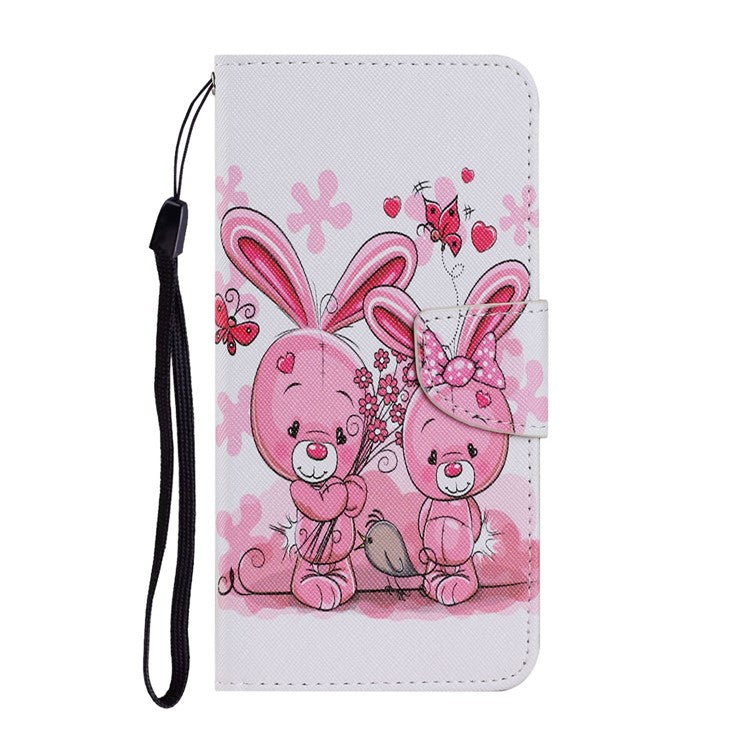 Magnetic Clasp Stylish Pattern Printing Cross Texture Anti-fall Leather Wallet Cover Stand Case with Strap for vivo Y21/Y21s/Y33s - Rabbits