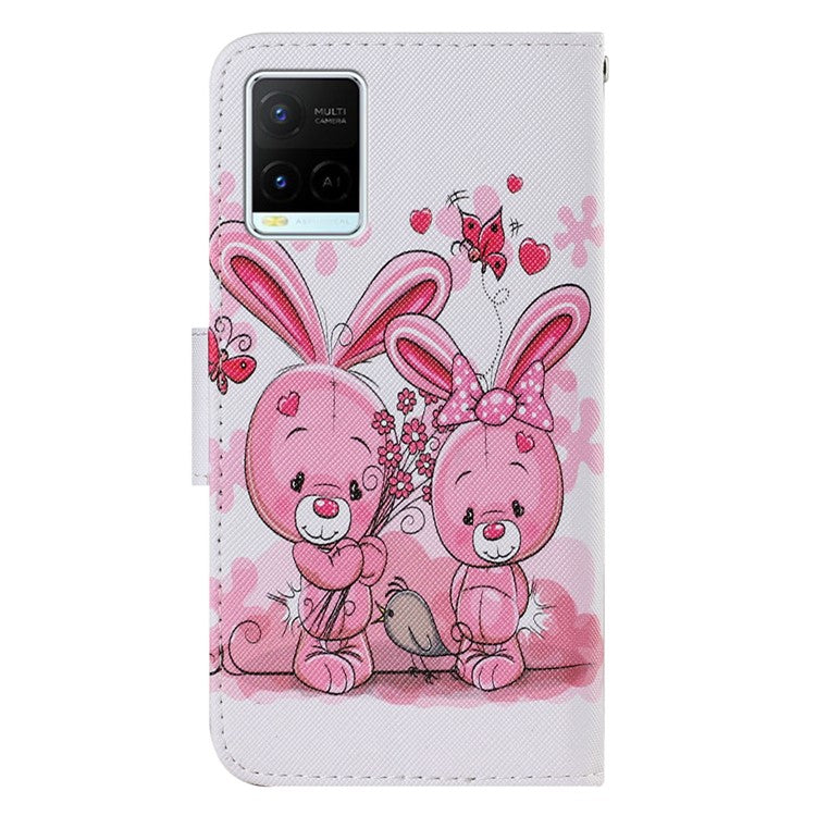 Magnetic Clasp Stylish Pattern Printing Cross Texture Anti-fall Leather Wallet Cover Stand Case with Strap for vivo Y21/Y21s/Y33s - Rabbits