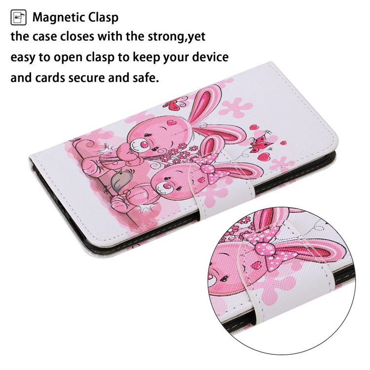 Magnetic Clasp Stylish Pattern Printing Cross Texture Anti-fall Leather Wallet Cover Stand Case with Strap for vivo Y21/Y21s/Y33s - Rabbits