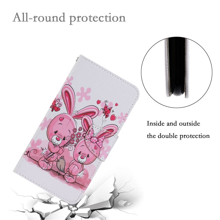 Magnetic Clasp Stylish Pattern Printing Cross Texture Anti-fall Leather Wallet Cover Stand Case with Strap for vivo Y21/Y21s/Y33s - Rabbits