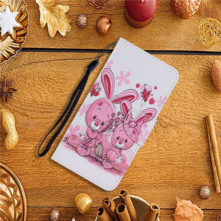 Magnetic Clasp Stylish Pattern Printing Cross Texture Anti-fall Leather Wallet Cover Stand Case with Strap for vivo Y21/Y21s/Y33s - Rabbits