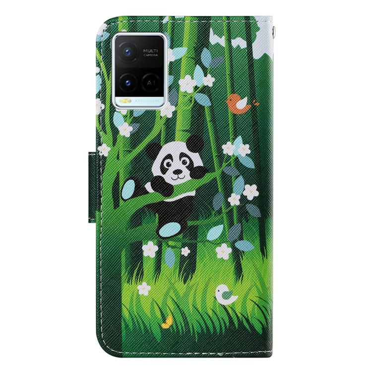 Magnetic Clasp Stylish Pattern Printing Cross Texture Anti-fall Leather Wallet Cover Stand Case with Strap for vivo Y21/Y21s/Y33s - Panda