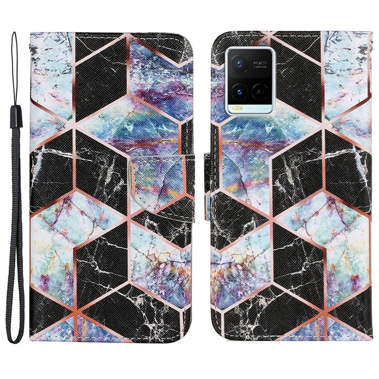 Magnetic Clasp Stylish Pattern Printing Cross Texture Anti-fall Leather Wallet Cover Stand Case with Strap for vivo Y21/Y21s/Y33s - Black Marble Pattern