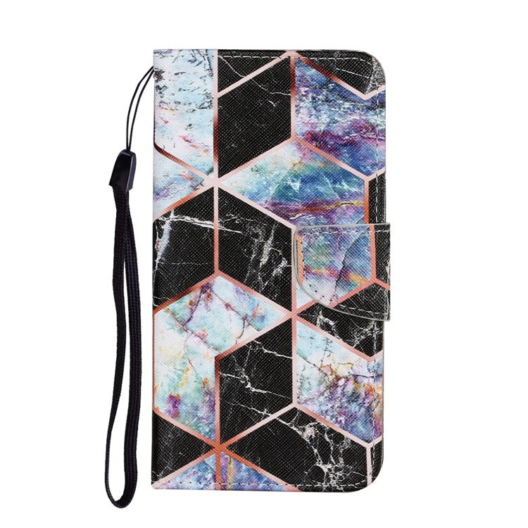 Magnetic Clasp Stylish Pattern Printing Cross Texture Anti-fall Leather Wallet Cover Stand Case with Strap for vivo Y21/Y21s/Y33s - Black Marble Pattern