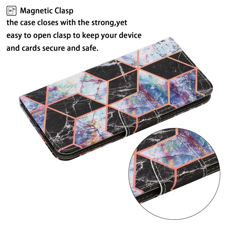 Magnetic Clasp Stylish Pattern Printing Cross Texture Anti-fall Leather Wallet Cover Stand Case with Strap for vivo Y21/Y21s/Y33s - Black Marble Pattern