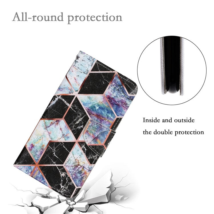 Magnetic Clasp Stylish Pattern Printing Cross Texture Anti-fall Leather Wallet Cover Stand Case with Strap for vivo Y21/Y21s/Y33s - Black Marble Pattern