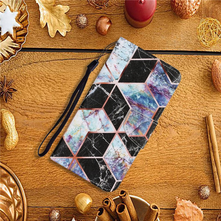 Magnetic Clasp Stylish Pattern Printing Cross Texture Anti-fall Leather Wallet Cover Stand Case with Strap for vivo Y21/Y21s/Y33s - Black Marble Pattern