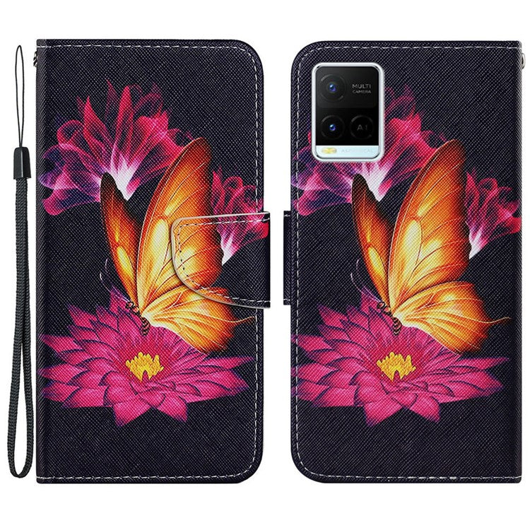 Magnetic Clasp Stylish Pattern Printing Cross Texture Anti-fall Leather Wallet Cover Stand Case with Strap for vivo Y21/Y21s/Y33s - Gold Butterfly