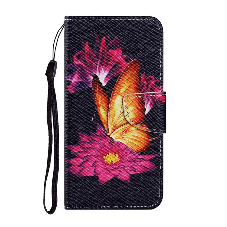 Magnetic Clasp Stylish Pattern Printing Cross Texture Anti-fall Leather Wallet Cover Stand Case with Strap for vivo Y21/Y21s/Y33s - Gold Butterfly