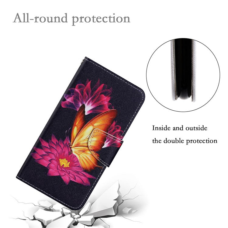 Magnetic Clasp Stylish Pattern Printing Cross Texture Anti-fall Leather Wallet Cover Stand Case with Strap for vivo Y21/Y21s/Y33s - Gold Butterfly