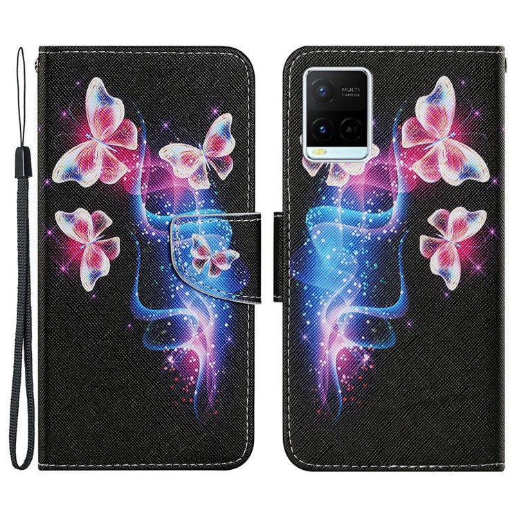 Magnetic Clasp Stylish Pattern Printing Cross Texture Anti-fall Leather Wallet Cover Stand Case with Strap for vivo Y21/Y21s/Y33s - Three Fluorescent Butterflies