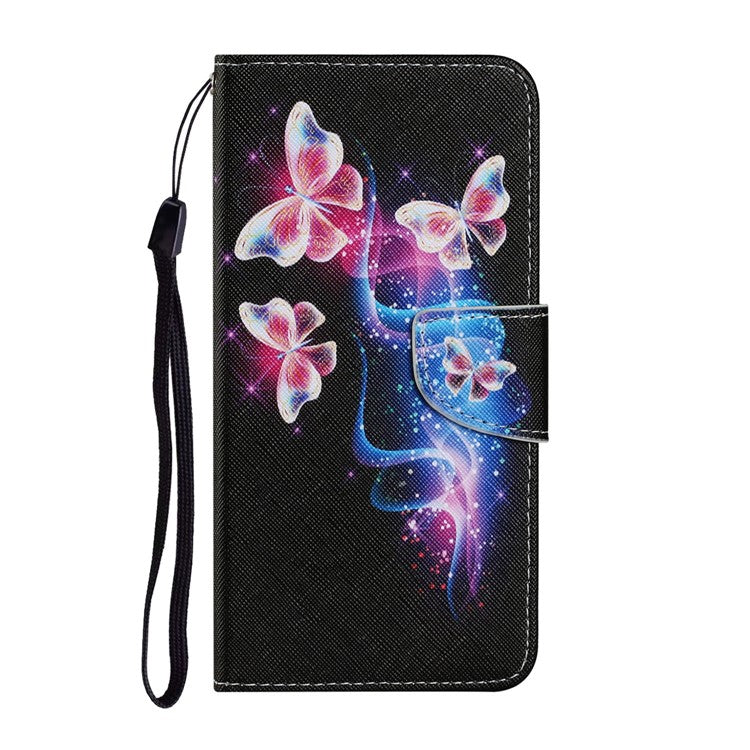 Magnetic Clasp Stylish Pattern Printing Cross Texture Anti-fall Leather Wallet Cover Stand Case with Strap for vivo Y21/Y21s/Y33s - Three Fluorescent Butterflies