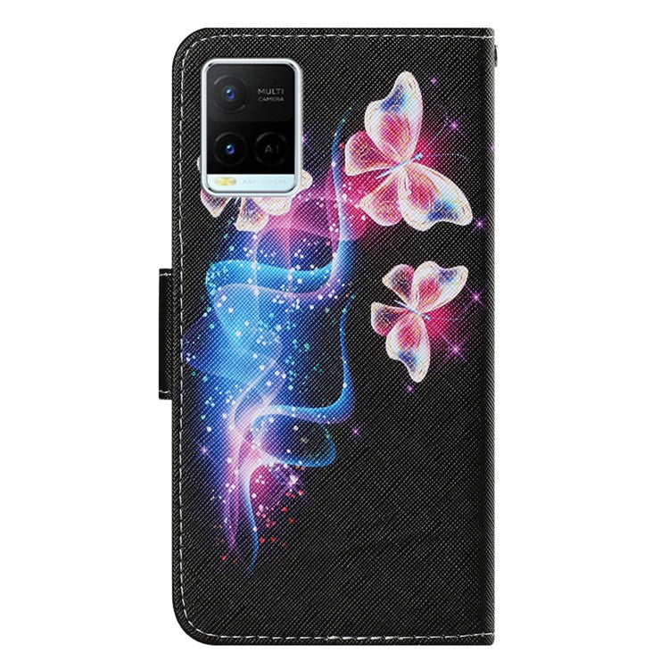 Magnetic Clasp Stylish Pattern Printing Cross Texture Anti-fall Leather Wallet Cover Stand Case with Strap for vivo Y21/Y21s/Y33s - Three Fluorescent Butterflies