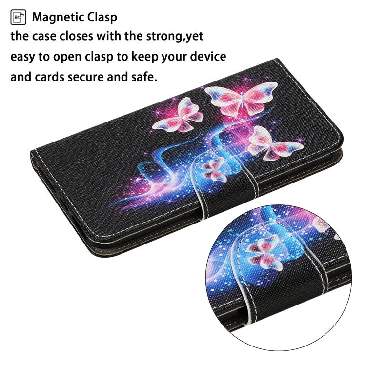 Magnetic Clasp Stylish Pattern Printing Cross Texture Anti-fall Leather Wallet Cover Stand Case with Strap for vivo Y21/Y21s/Y33s - Three Fluorescent Butterflies