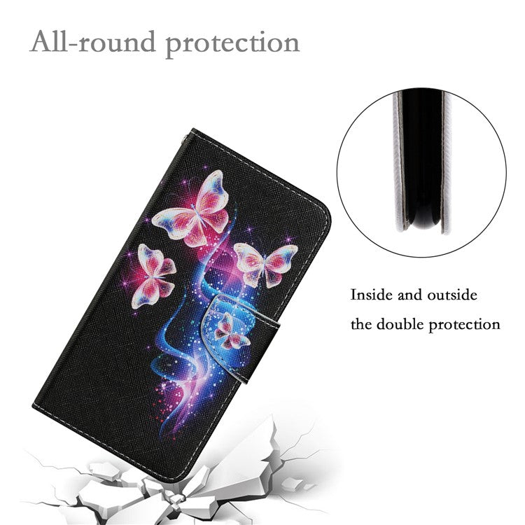 Magnetic Clasp Stylish Pattern Printing Cross Texture Anti-fall Leather Wallet Cover Stand Case with Strap for vivo Y21/Y21s/Y33s - Three Fluorescent Butterflies