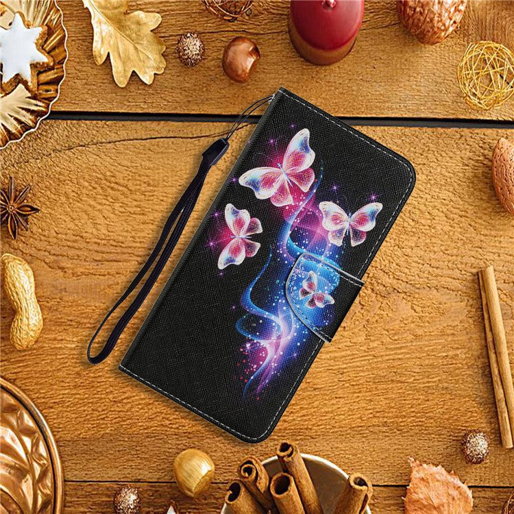 Magnetic Clasp Stylish Pattern Printing Cross Texture Anti-fall Leather Wallet Cover Stand Case with Strap for vivo Y21/Y21s/Y33s - Three Fluorescent Butterflies